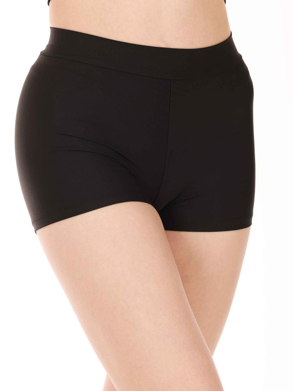 Black shorts worn by a person on a white background
