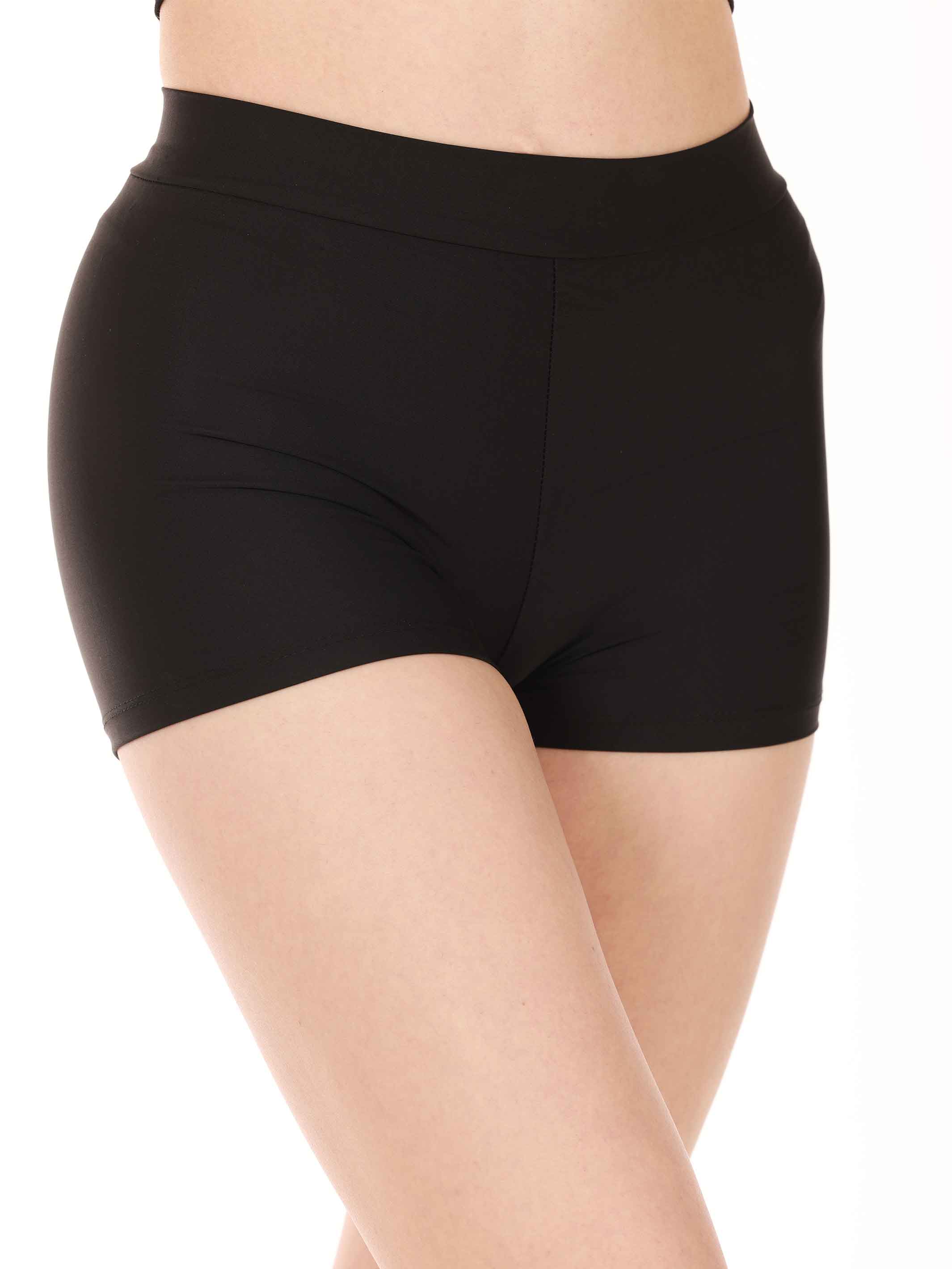 Black shorts worn by a person on a white background
