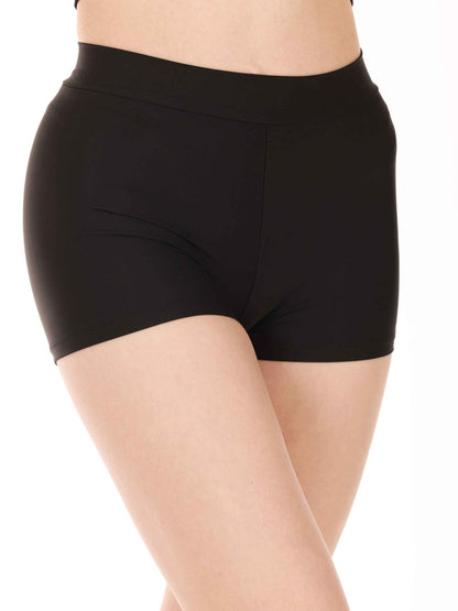 Black shorts worn by a person on a white background