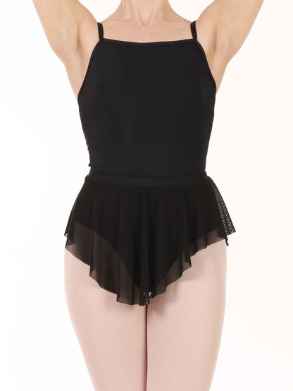 ballerina wearing an oval black ballet skirt with a black leotard