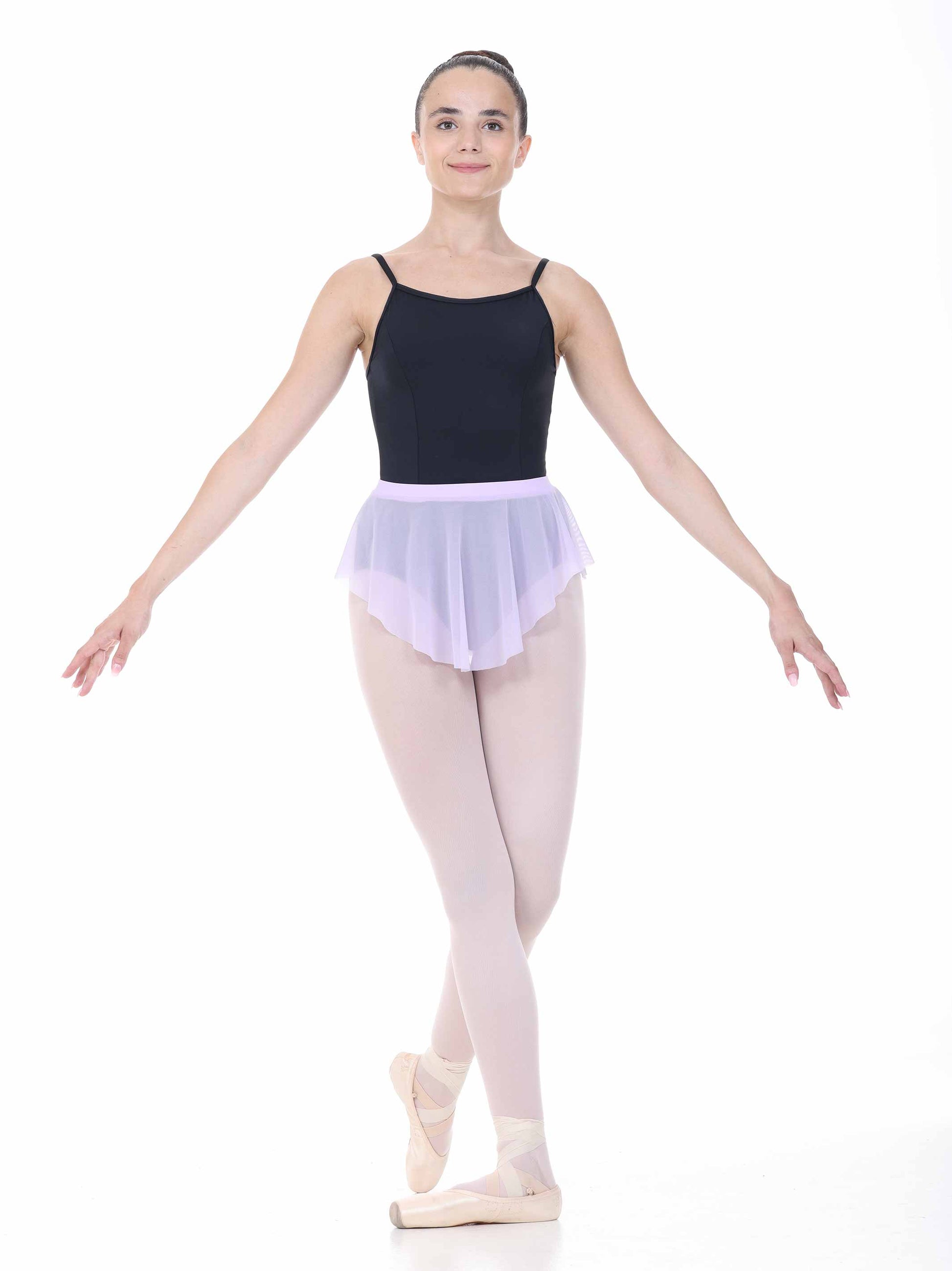 ballerina wearing an oval lilac ballet skirt with a black leotard