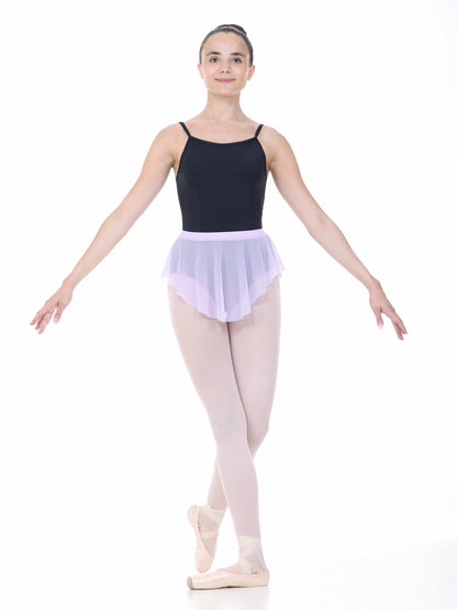 ballerina wearing an oval lilac ballet skirt with a black leotard