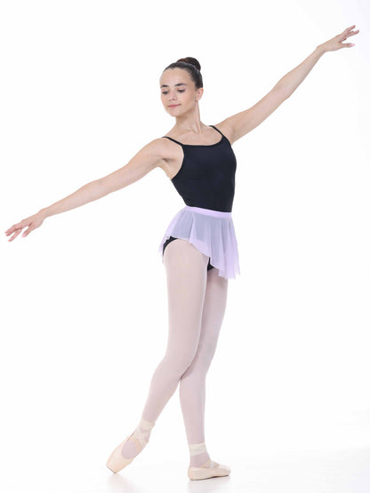 ballerina wearing an oval lilac ballet skirt with a black leotard