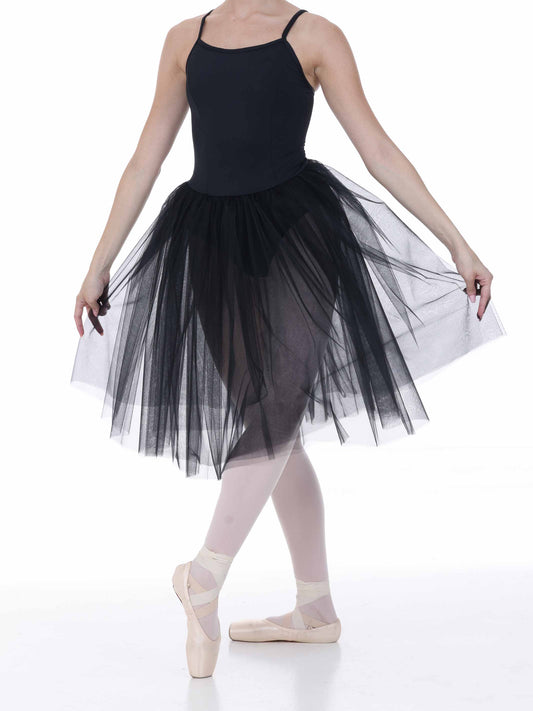 Person wearing a black ballet tutu and pointe shoes on a white background