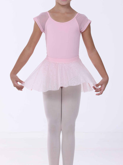 Child wearing a pink ballet outfit with a floral skirt on a white background