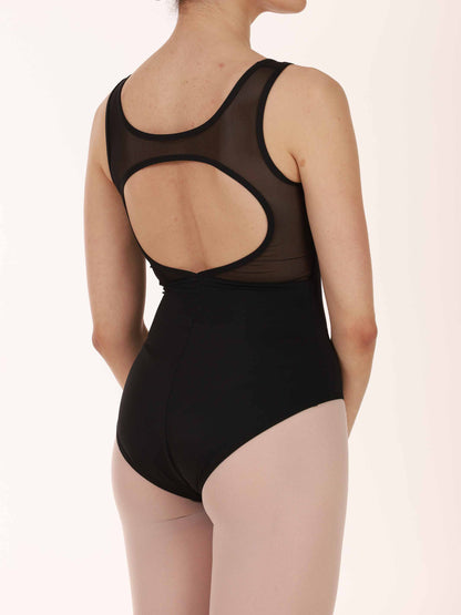 Black bodysuit with mesh panels on a white background