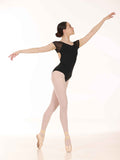 Ballerina in a black leotard and white tights posing on a white background
