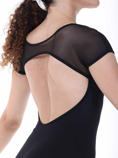 Black sheer top worn by a person on a white background