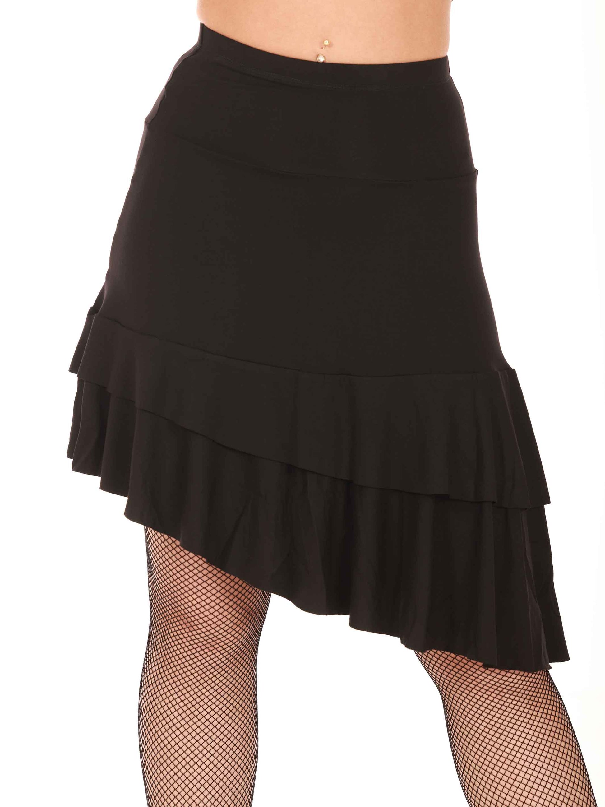 Black ruffled latin dance skirt worn by a person on a white background