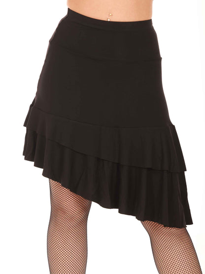 Black ruffled latin dance skirt worn by a person on a white background
