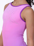 Purple gymnastics leotard with rhinestone details on a white background