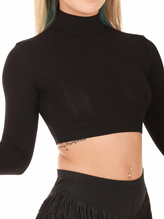 Black turtleneck dance crop top worn by a person on a white background