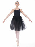 Ballerina in a black leotard and tutu on a white background