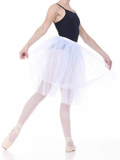 Ballerina in a black leotard and white tutu on a white background