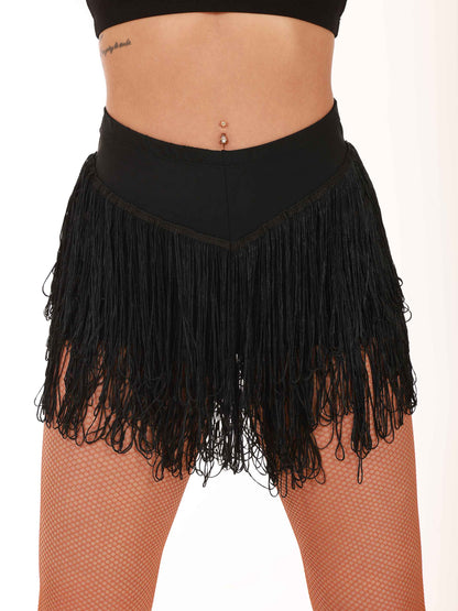 Black fringe latin dance skirt worn by a person on a white background