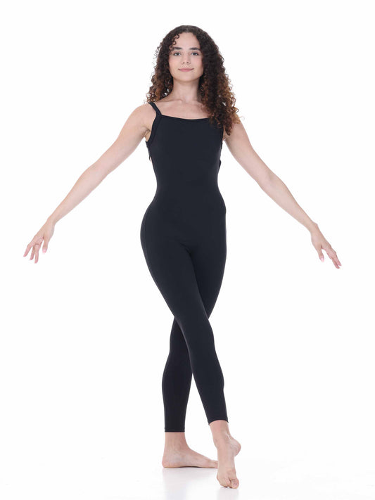 Person wearing a black unitard on a white background