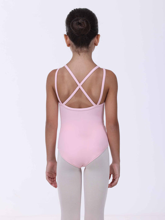 Person wearing a light pink leotard with criss-cross straps on a white background