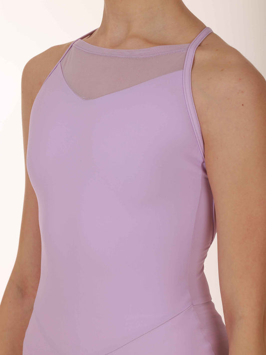 Lilac camisole leotard with mesh worn by a women on a plain background