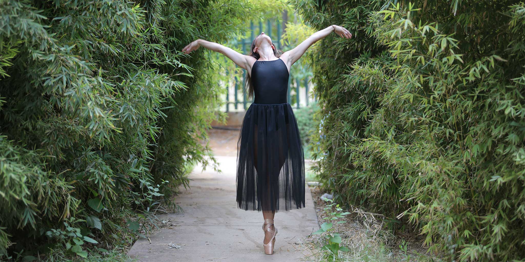 Adult ballet dancer wearing a black leotard and black tulle skirt dancing outdoors in a garden setting