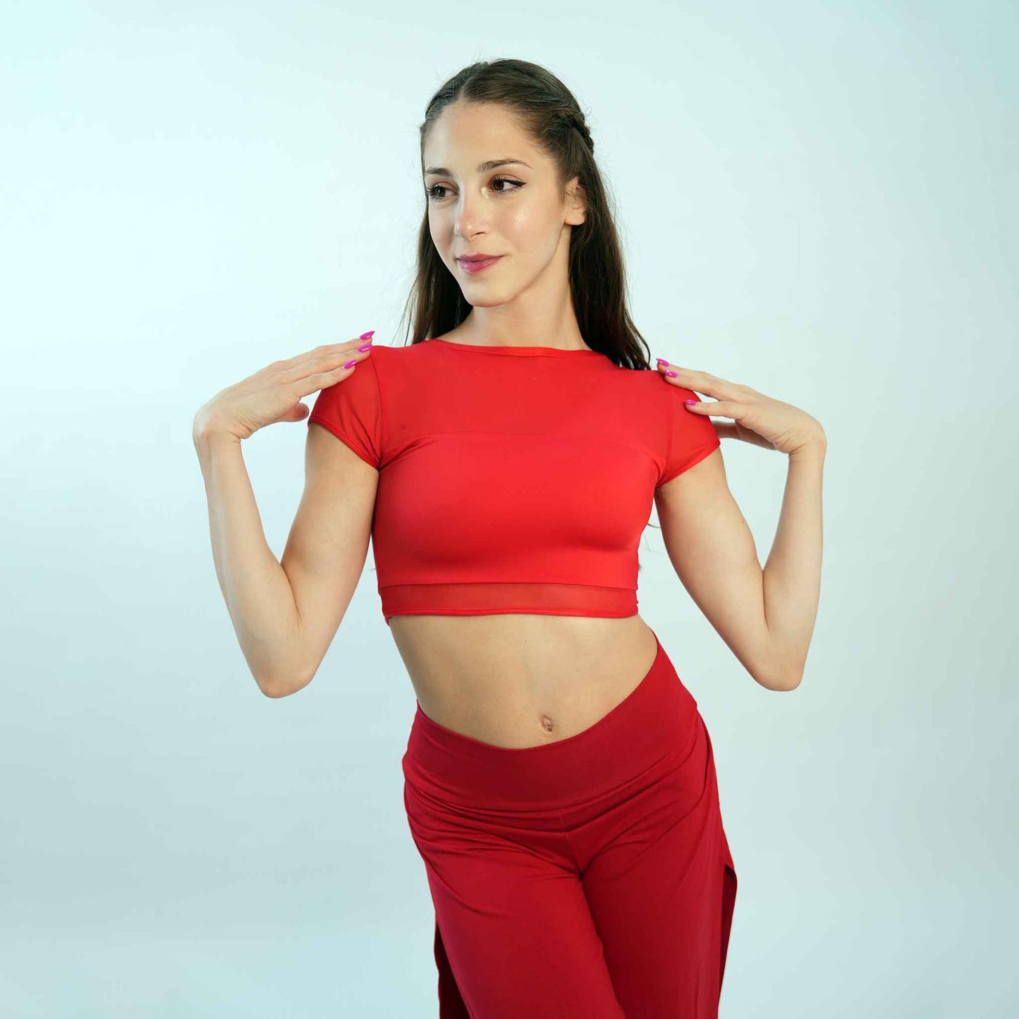 HALF SLEEVE MESH DANCE CROP TOP